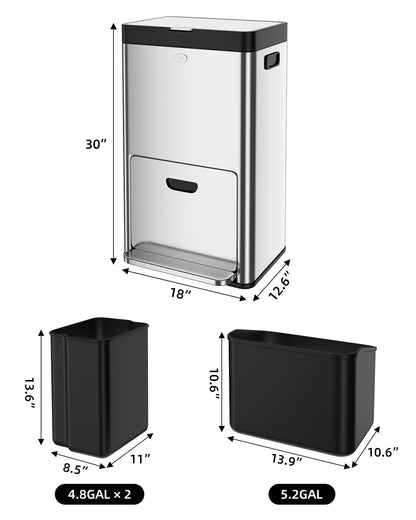 Takywep Lixeira Vertical Inox 53L com 2 Compartimentos Silenciosa