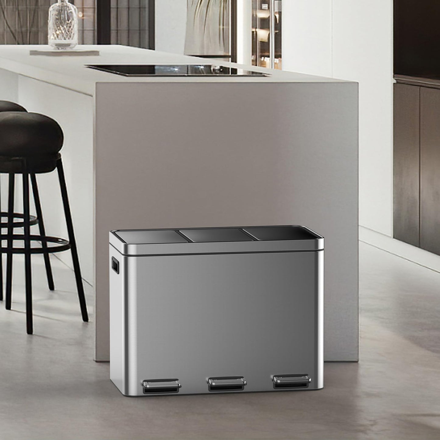 Takywep Lixeira Inox 45L com 3 Compartimentos e Pedal Prata