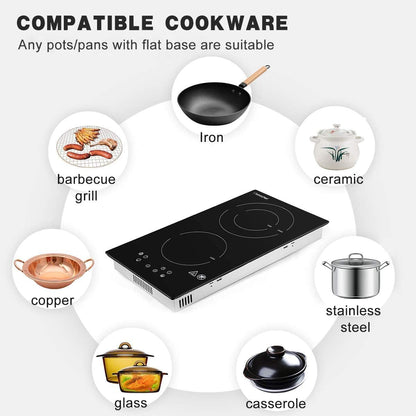 AMZCHEF Cooktop Elétrico de 2 Bocas 12" com 9 Níveis de Potência (Preto)