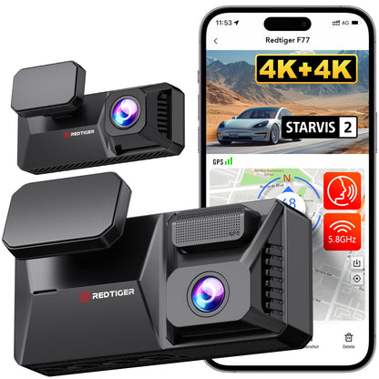 REDTIGER F77 Dash Cam 4K+4K com HDR, Wi-Fi 5.8GHz e GPS