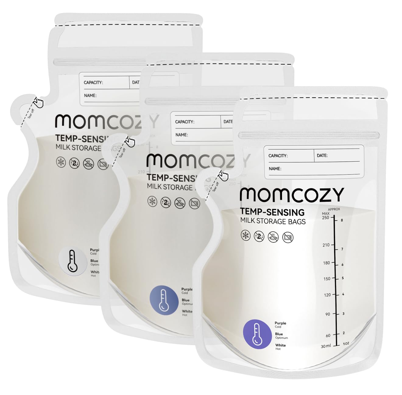 Momcozy Sacos de Armazenamento de Leite Materno 240ml, 120 Unidades, com Indicador de Temperatura