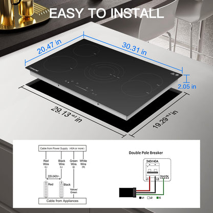 Cooktop Elétrico AMZCHEF 30" com 4 Bocas e Controle Touch (Preto)