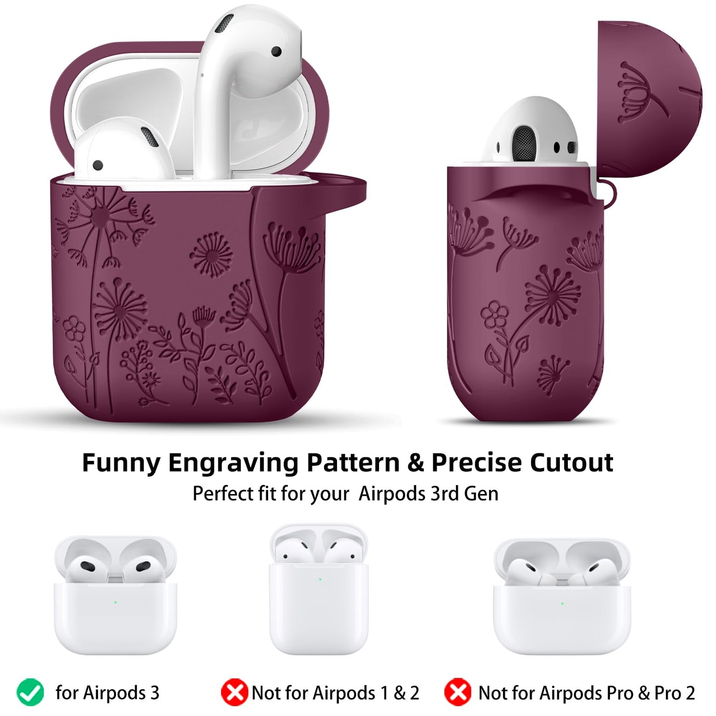 Lerobo Capa Floral Silicone Compatível com AirPods 1ª/2ª Geração (Vermelho Purpúreo)