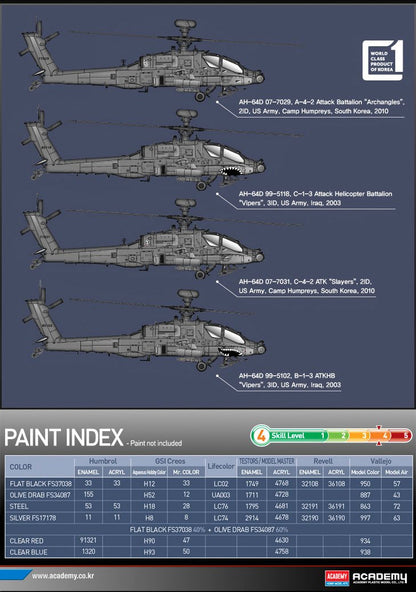 Academy 1/72 AH-64D Block II Early Version #12514 Helicóptero Militar