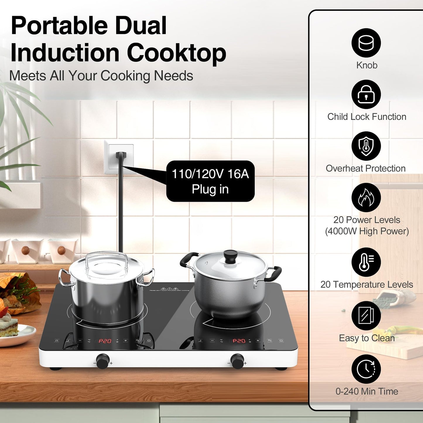 VBGK Cooktop Indução Dupla 4000W com 20 Níveis e Bloqueio Infantil (Preto)