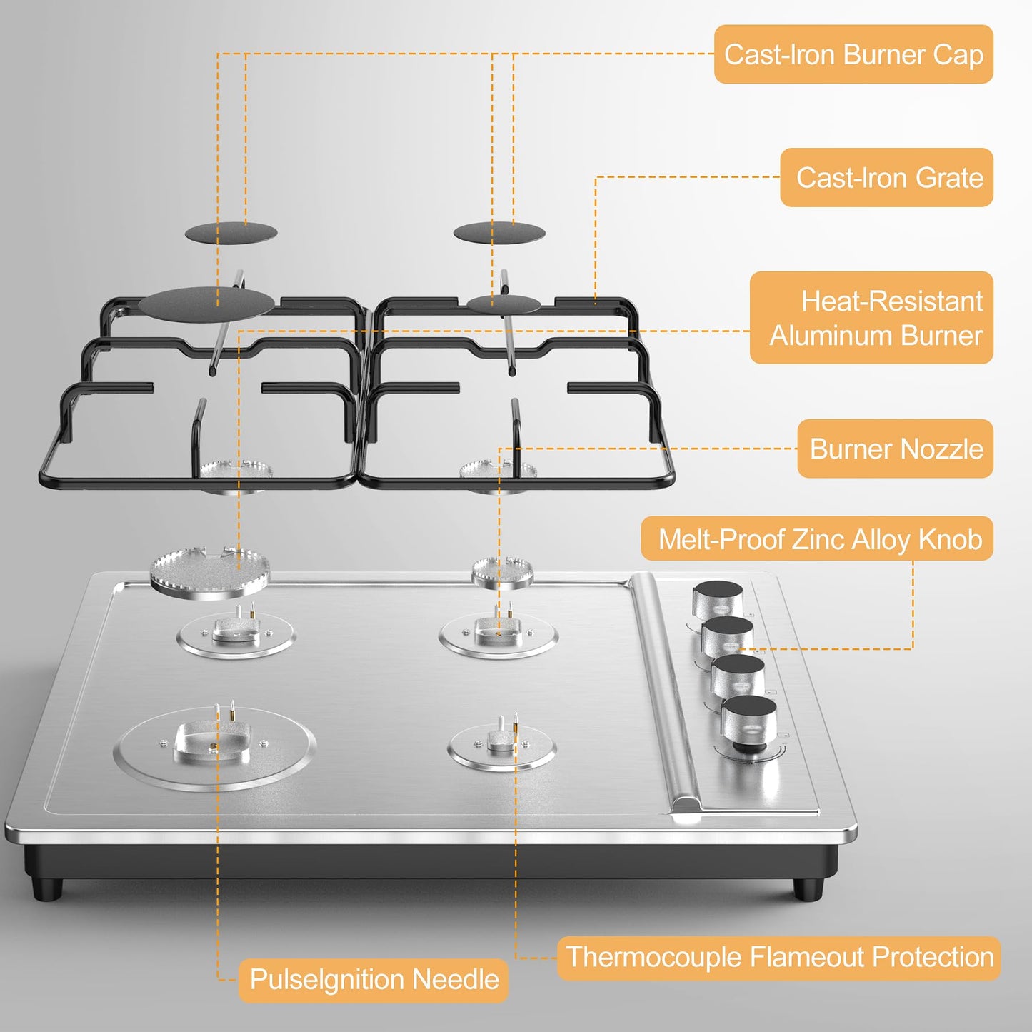 VBGK Cooktop a Gás 4 Bocas 30" NG/LPG Conversível com Proteção FFD