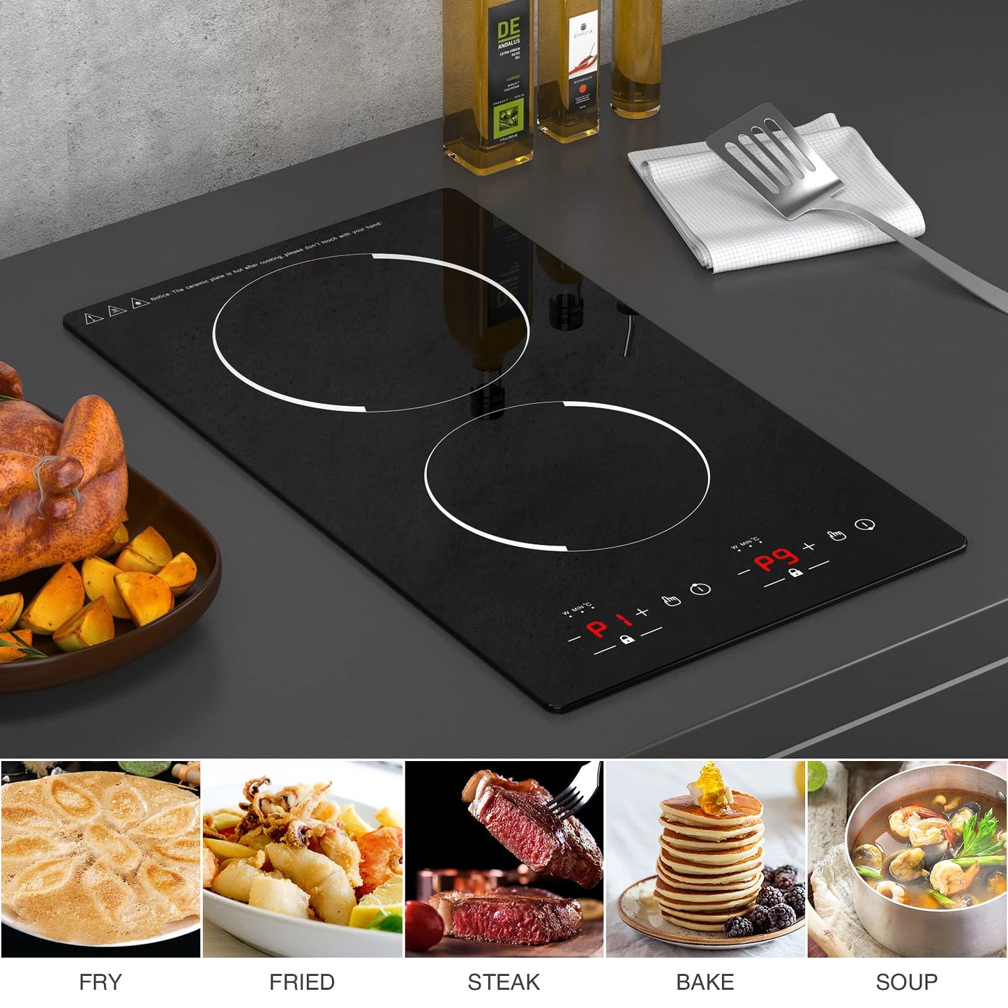 GTKZW Cooktop de Indução Duplo 12" com 2 Queimadores e 9 Níveis (Preto)