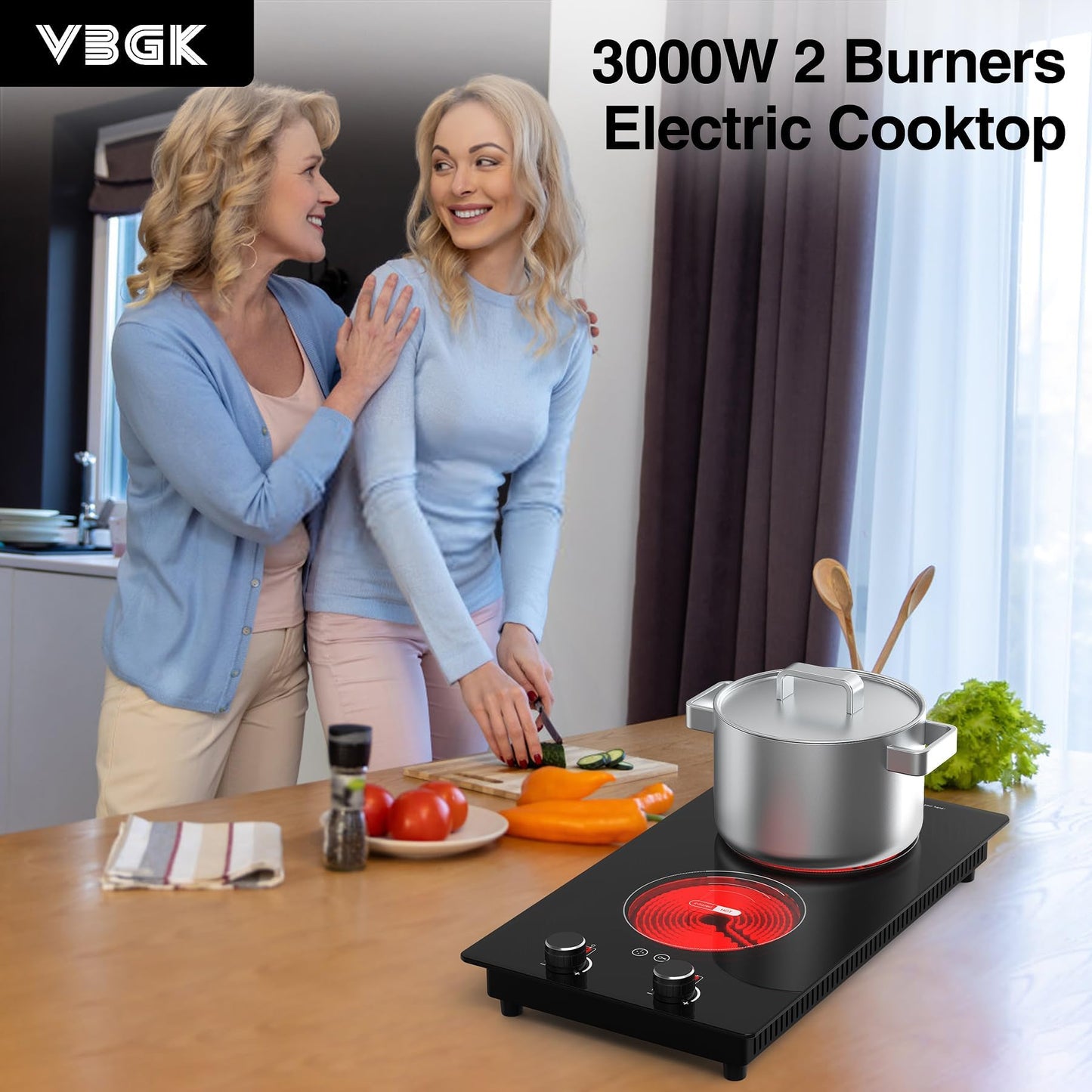 VBGK Cooktop Elétrico 3000W com 2 Queimadores e Controle Touch (Preto)