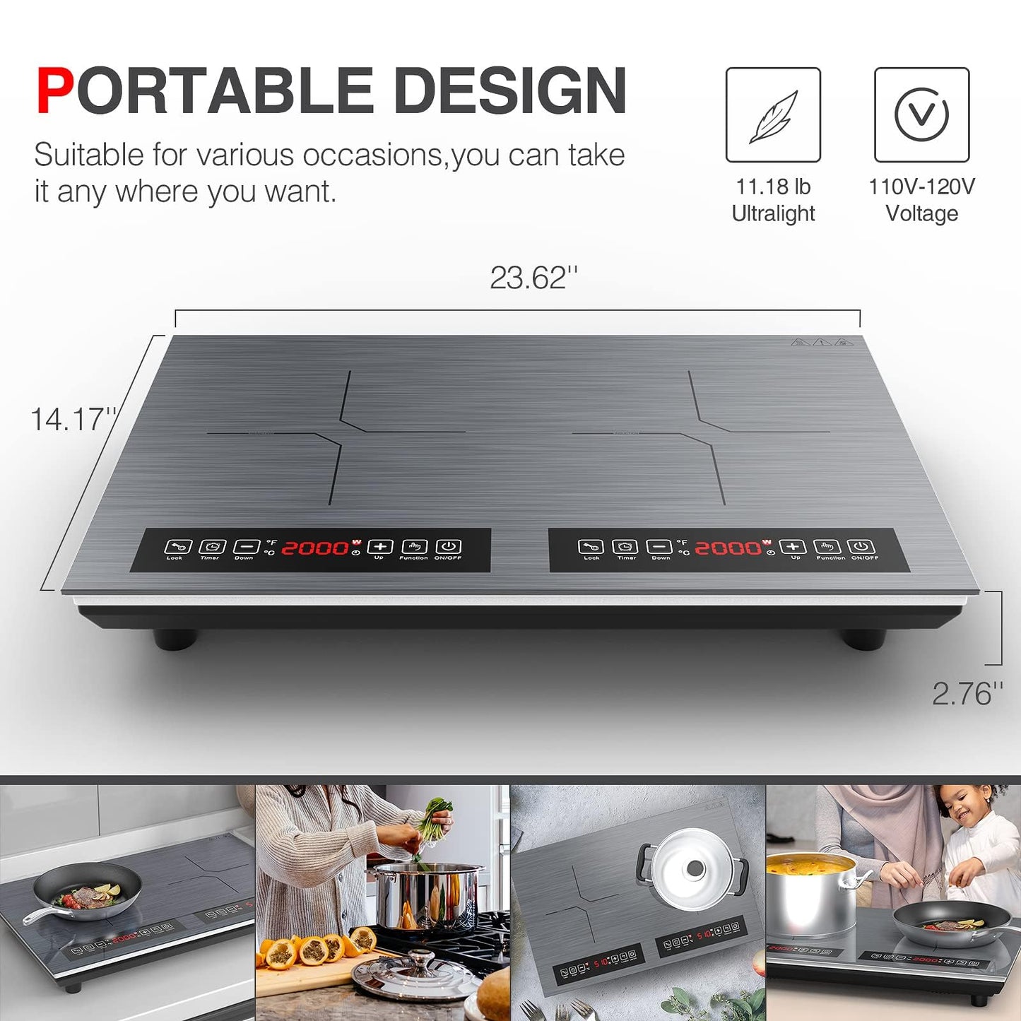 GTKZW Cooktop de Indução Duplo 24" 4000W com 2 Queimadores e Tela Touch