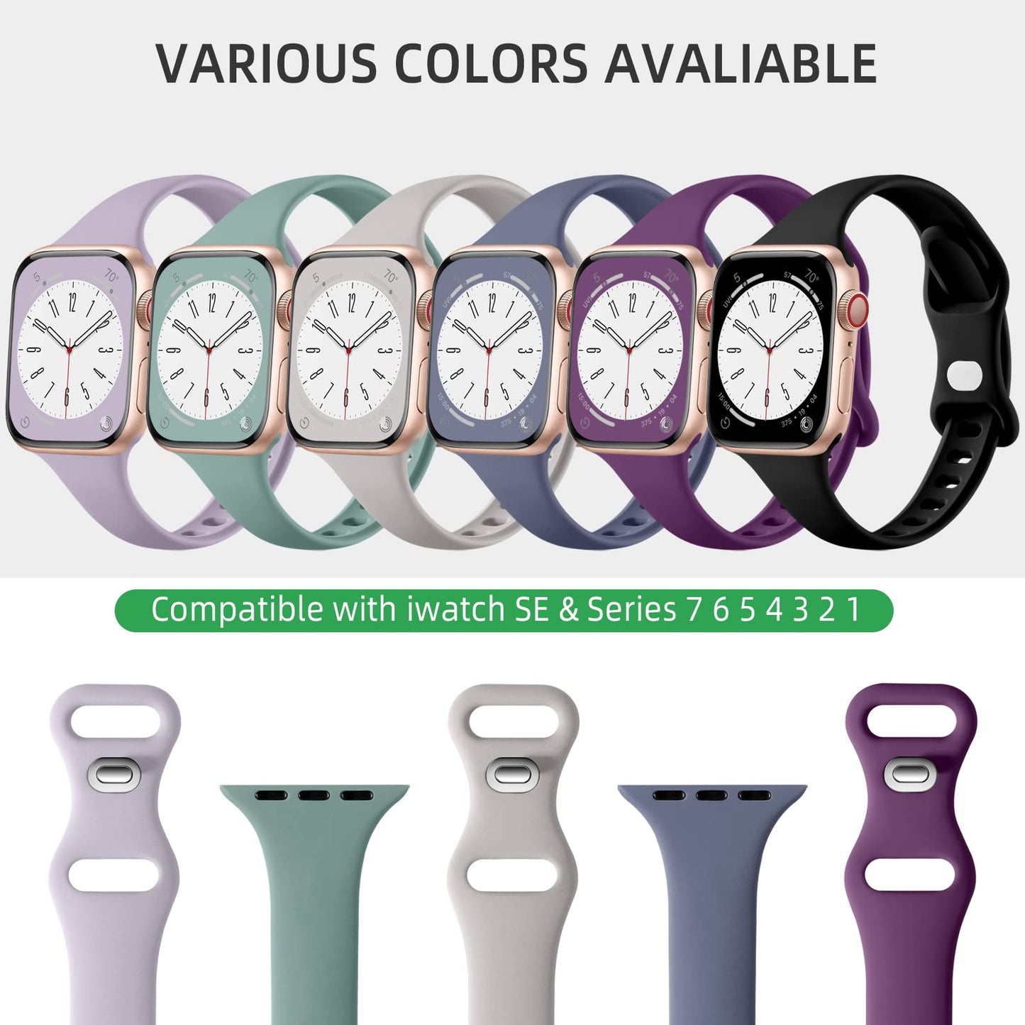 Lerobo 6 Pulseiras Slim de Silicone p/ Apple Watch 38-49mm (Várias Cores)