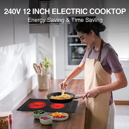 GTKZW Cooktop Elétrico 12" 3000W com 2 Queimadores e Controle Touch (Preto)