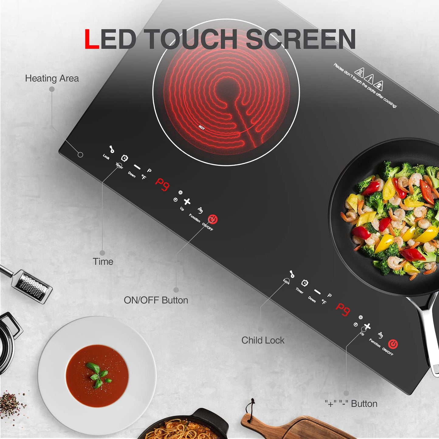 GTKZW Cooktop Elétrico 24" 2400W com 2 Queimadores e Tela Touch LED