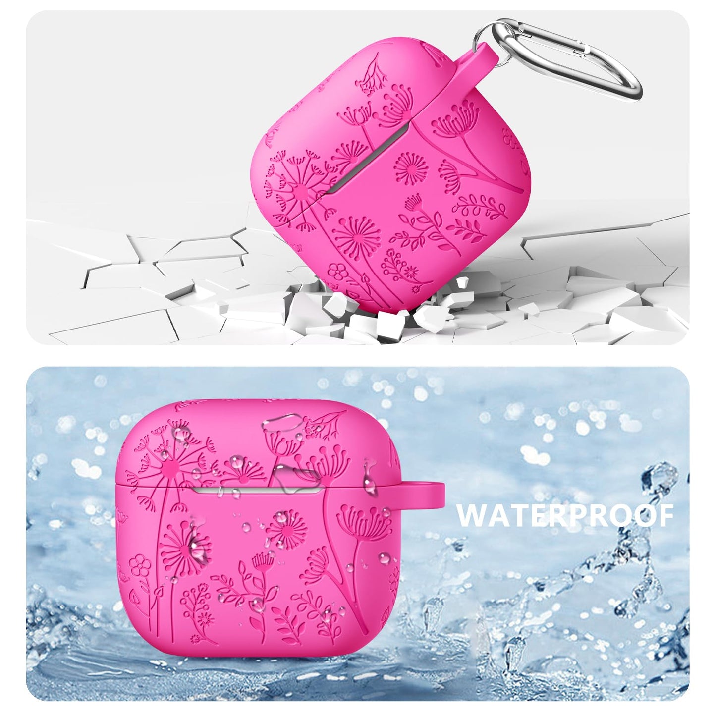 Lerobo Capa para AirPods 3ª Geração com Chaveiro e Gravação Floral (Rosa)