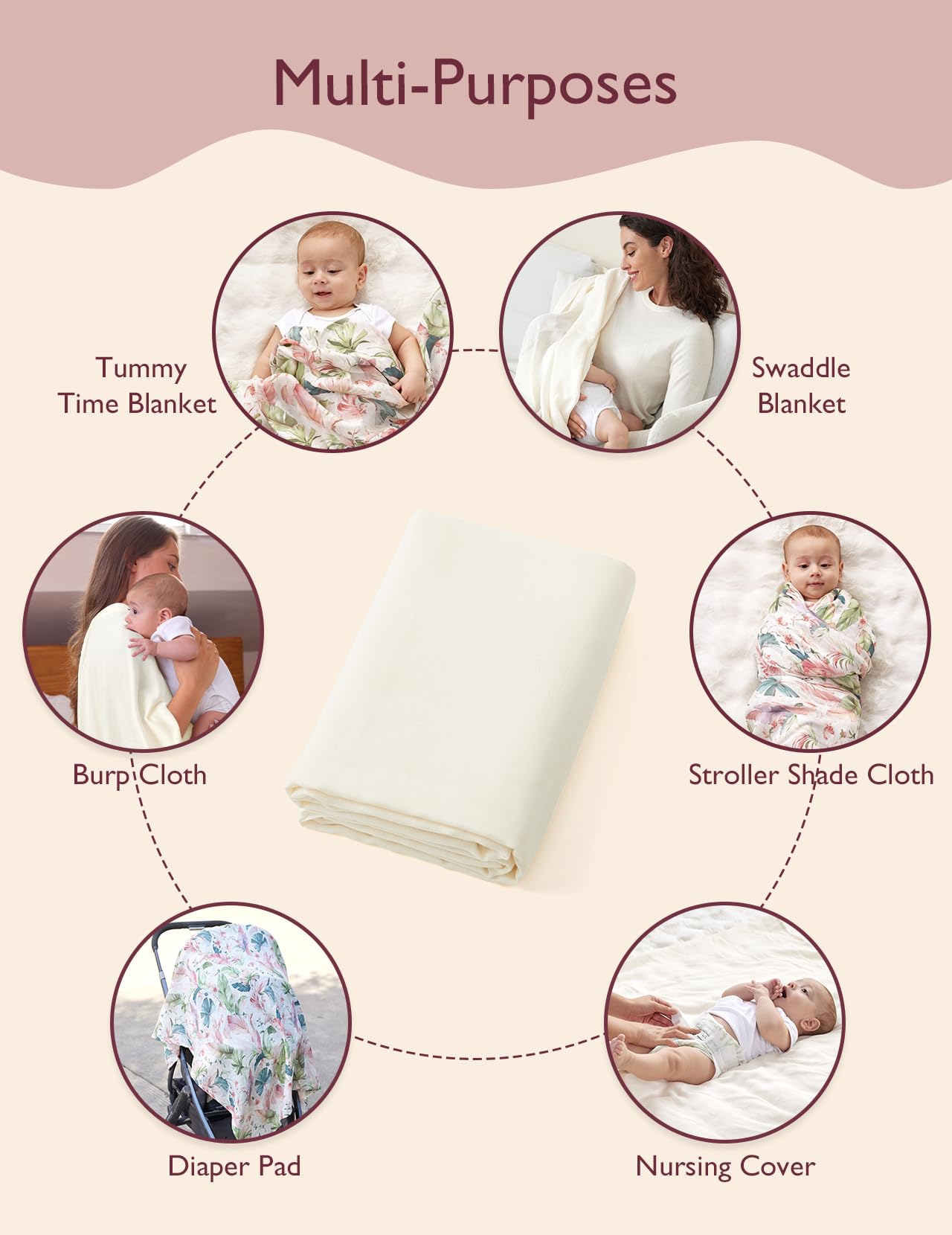 Momcozy Manta Swaddle Muslin Algodão Bamboo 119 cm Bege Floral 2 un