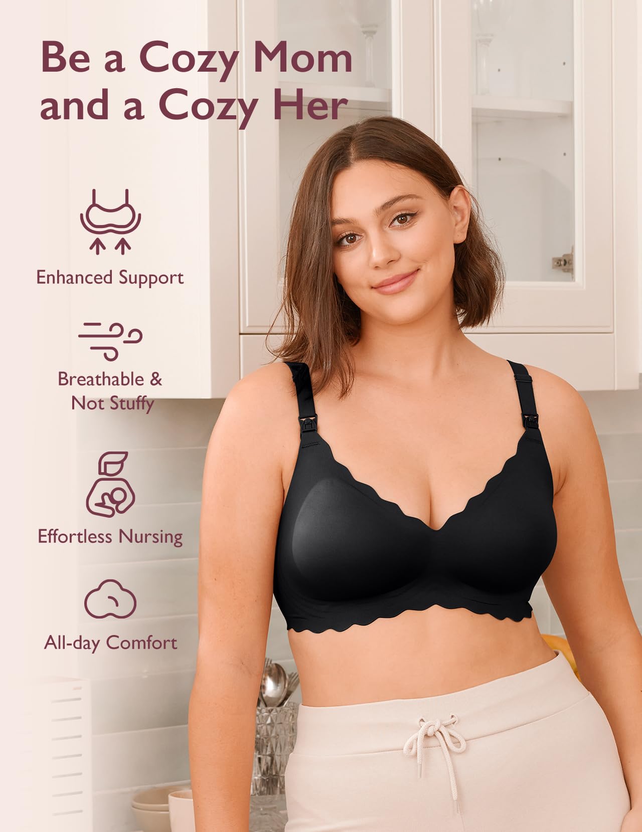 Momcozy Sutiã de Amamentação Sem Costura, Suporte 360°, Preto/Creme, XG