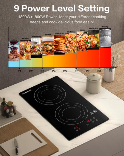 Amzchef Cooktop de Indução 2 Bocas com Plug 1800W, 9 Níveis de Potência