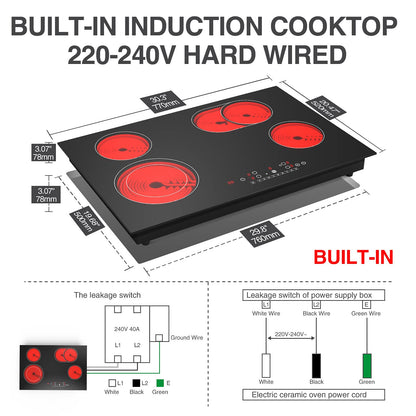 GTKZW Cooktop Elétrico 30" 6800W com 4 Queimadores e Tela Touch (Preto)