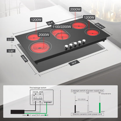 VBGK Cooktop Elétrico 36" 8600W com 5 Bocas e Controle por Knob (Preto)