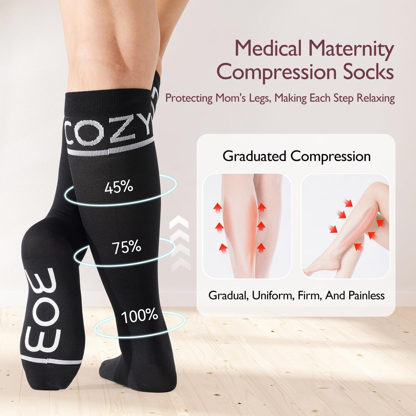 Momcozy Meias de Compressão Graduada 15-20 mmHg 2 Peças Preto e Rosa