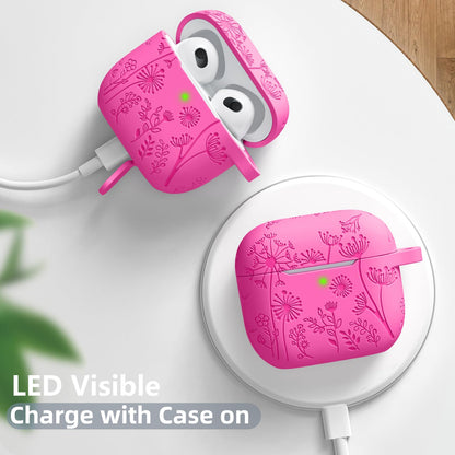 Lerobo Capa para AirPods 3ª Geração com Chaveiro e Gravação Floral (Rosa)