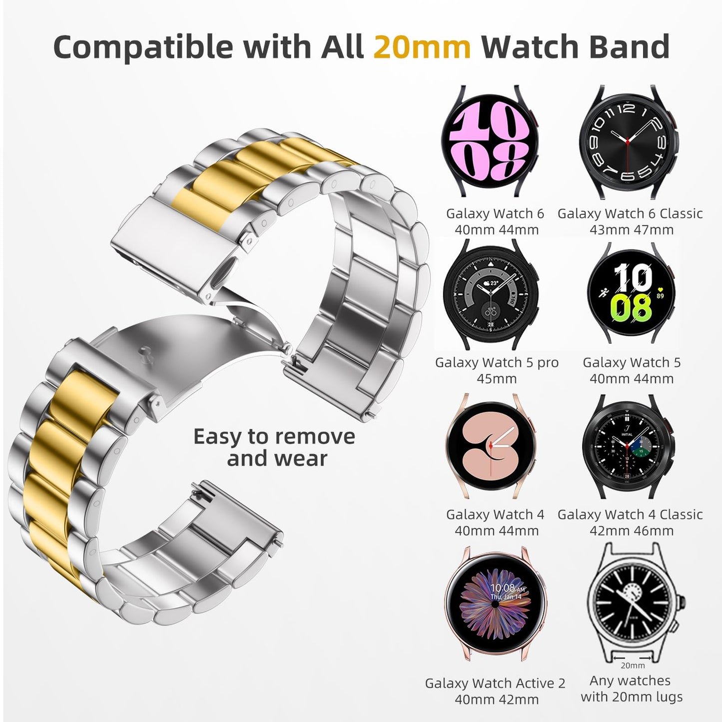 Lerobo Pulseira de Aço Inoxidável para Galaxy Watch  (Dourado/Prateado)