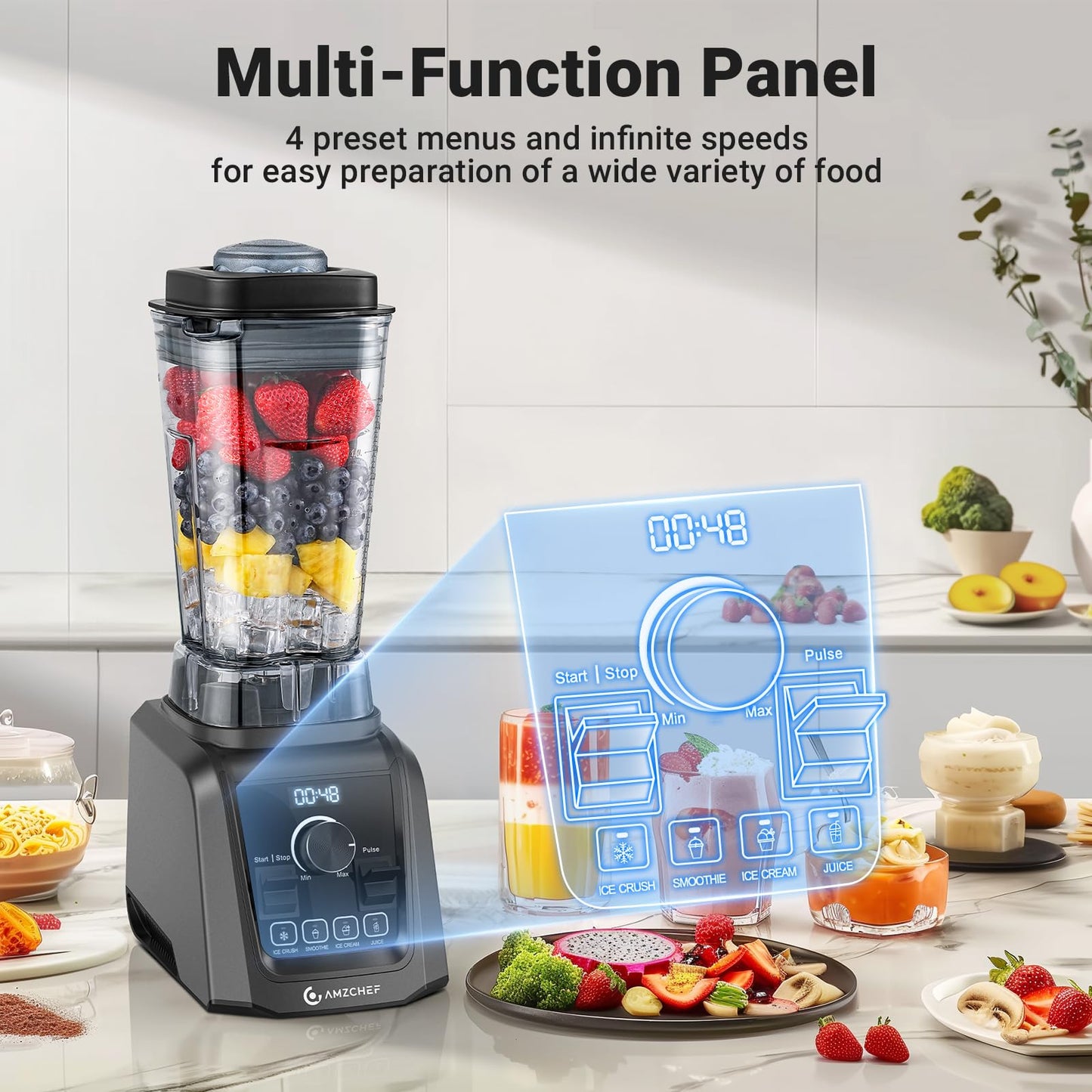 Liquidificador AMZCHEF 1200W com 4 Menus Pré-definidos e Jarra de 2L (Preto)