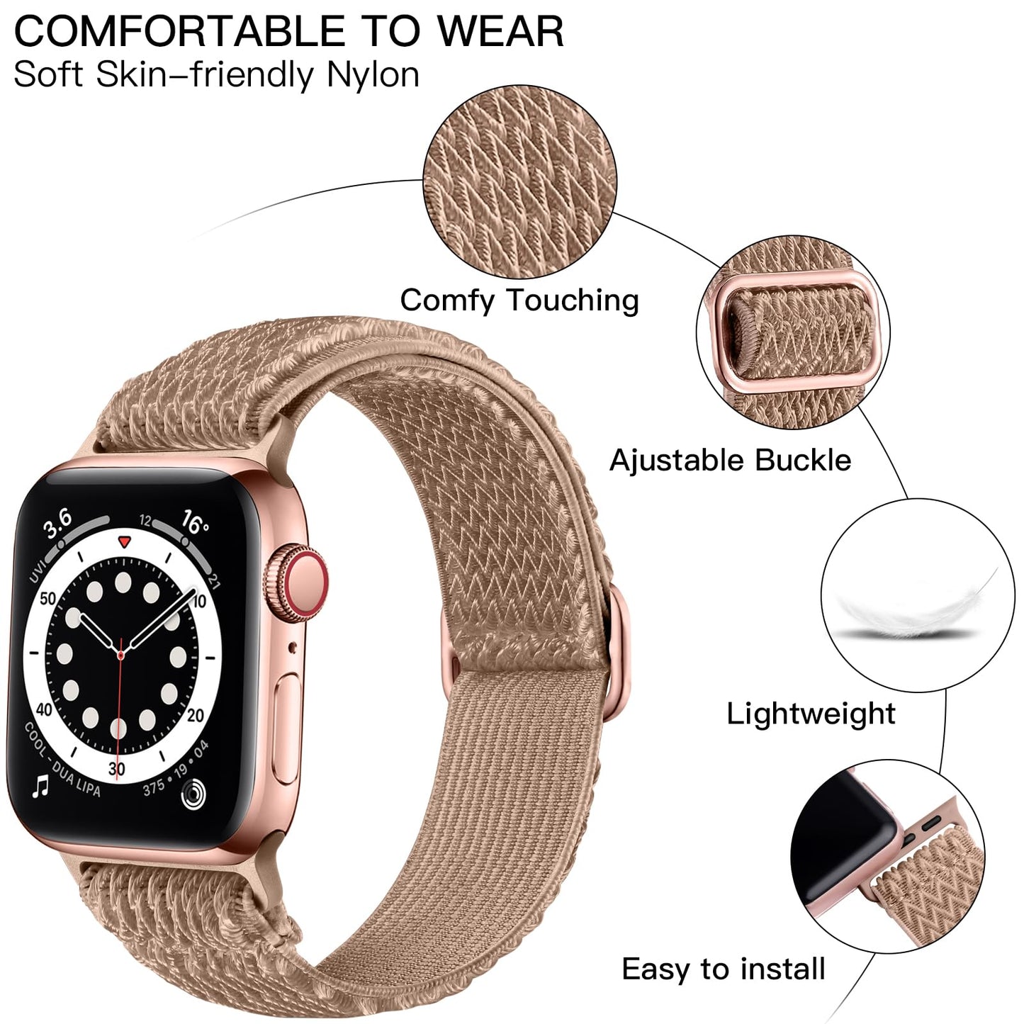 Lerobo Pulseira Elástica de Nylon Compatível com Apple Watch 38mm a 49mm (MilkTea)