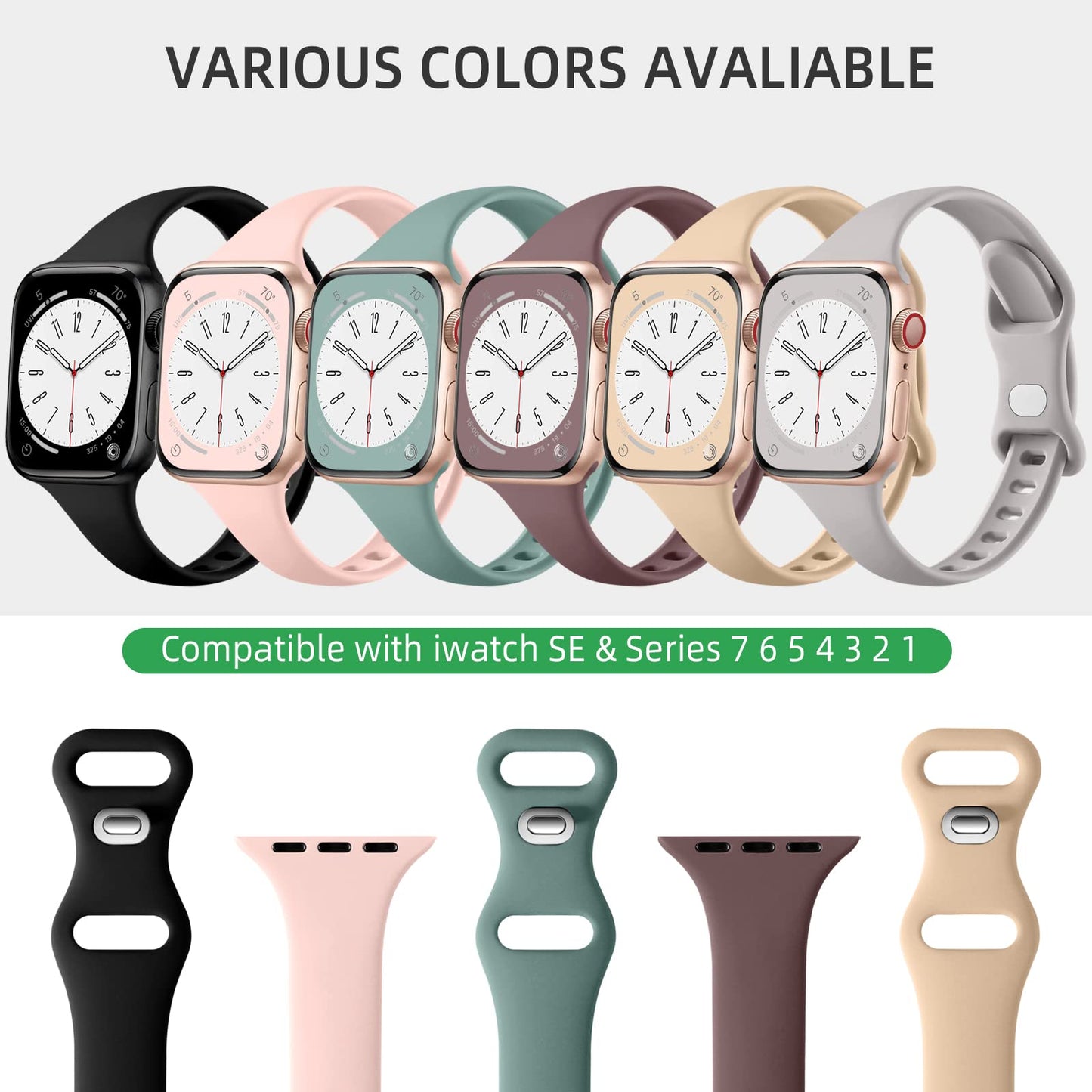 Lerobo 6 Pulseiras Slim Silicone Compatíveis c/ Apple Watch 38mm-49mm (Cores Variadas)