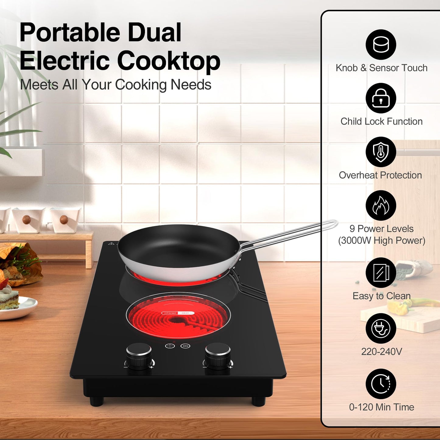 VBGK Cooktop Elétrico 3000W com 2 Queimadores e Controle Touch (Preto)