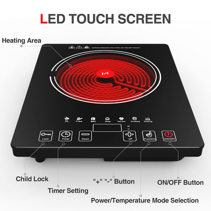 GTKZW Cooktop Elétrico Portátil 1800W com 8 Níveis de Potência e Tela Touch