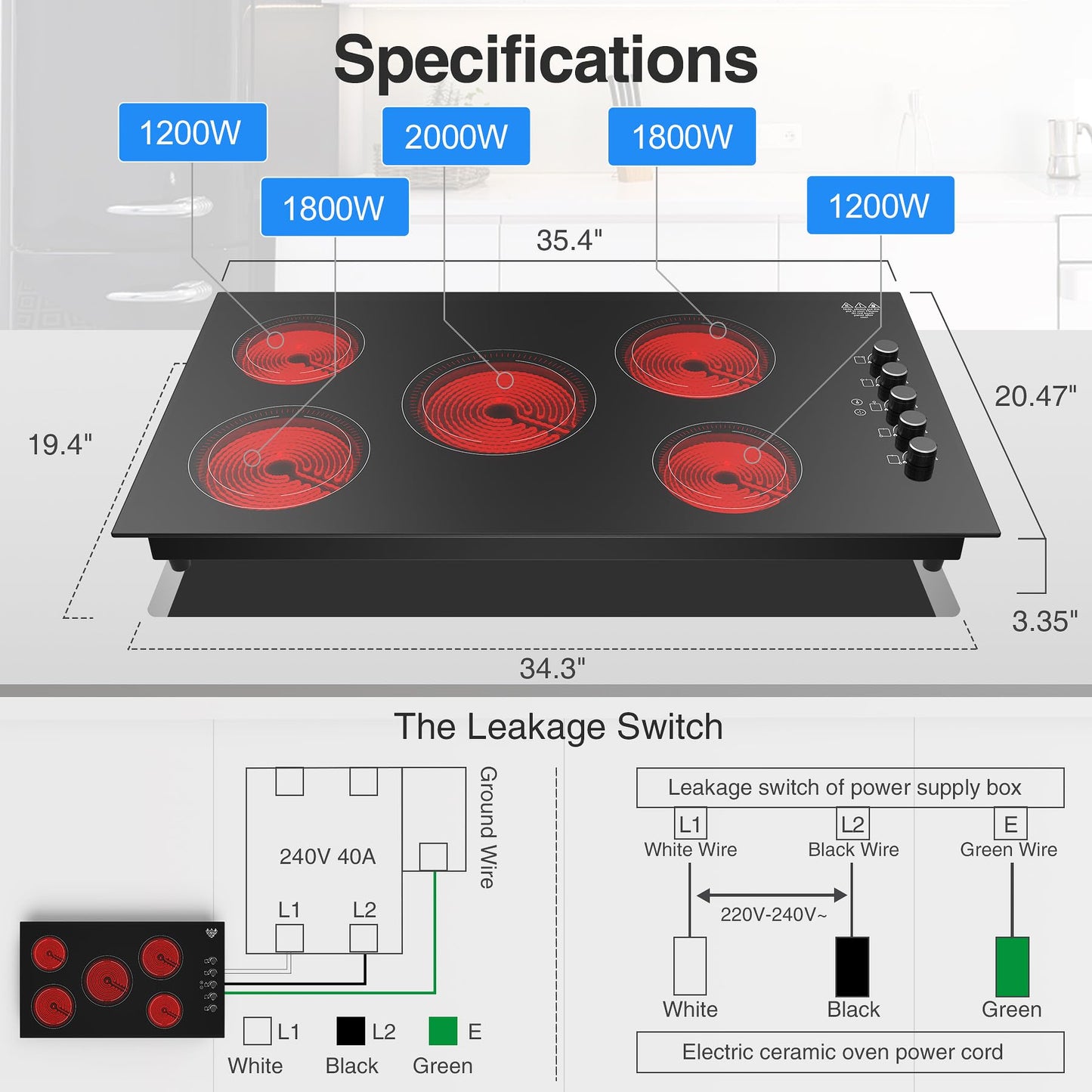 VBGK Cooktop Elétrico 36 Polegadas 8000W com 5 Queimadores e Trava de Segurança