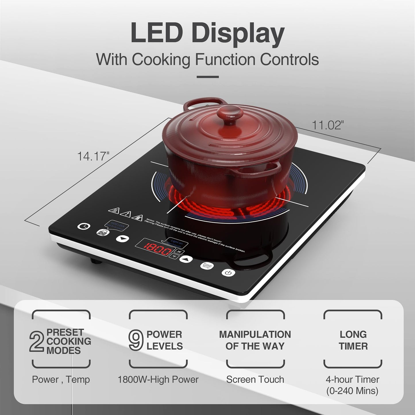 VBGK Cooktop Elétrico 1800W, 9 Níveis, Controle de Toque e Timer (Preto)