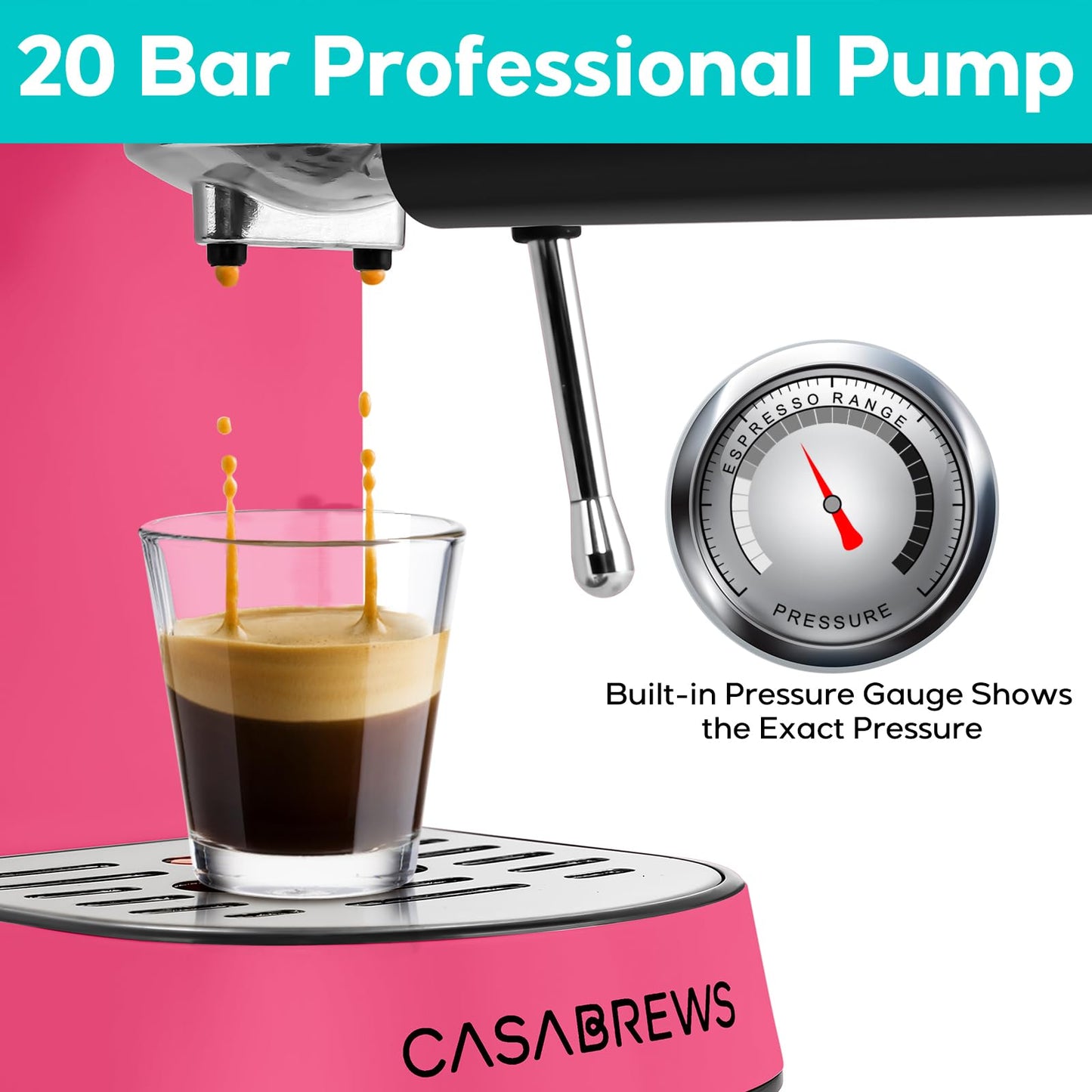 CASABREWS Máquina de Espresso 20 Bar com Vaporizador de Leite (Rosa)