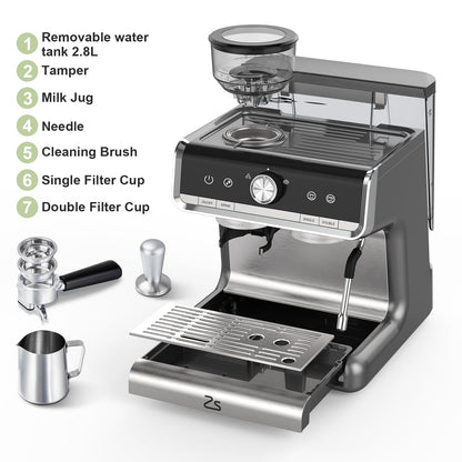 Takywep Máquina de Espresso 20 Bar com Moedor e Vaporizador 2,8L Cinza