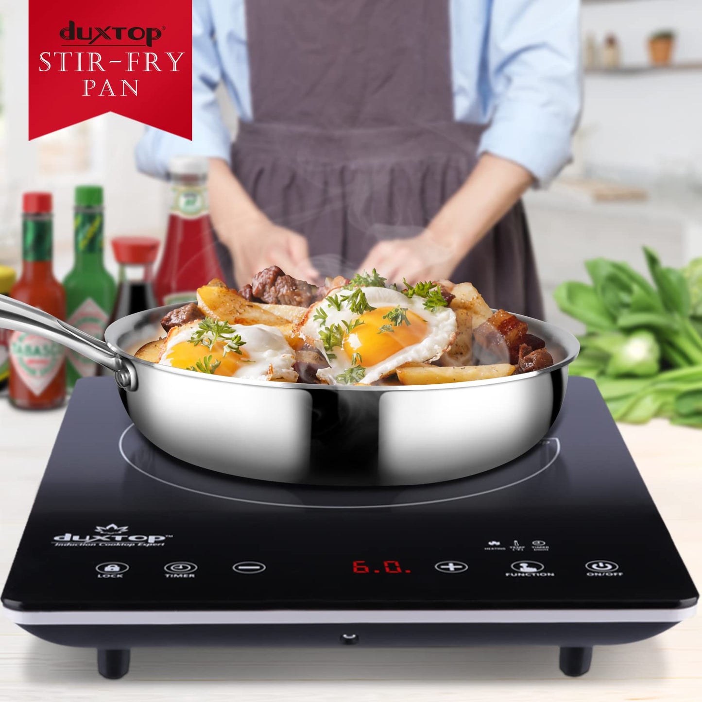 Duxtop Panela Stir-Fry Aço Inox Tri-Ply 8" para Indução (Prata)