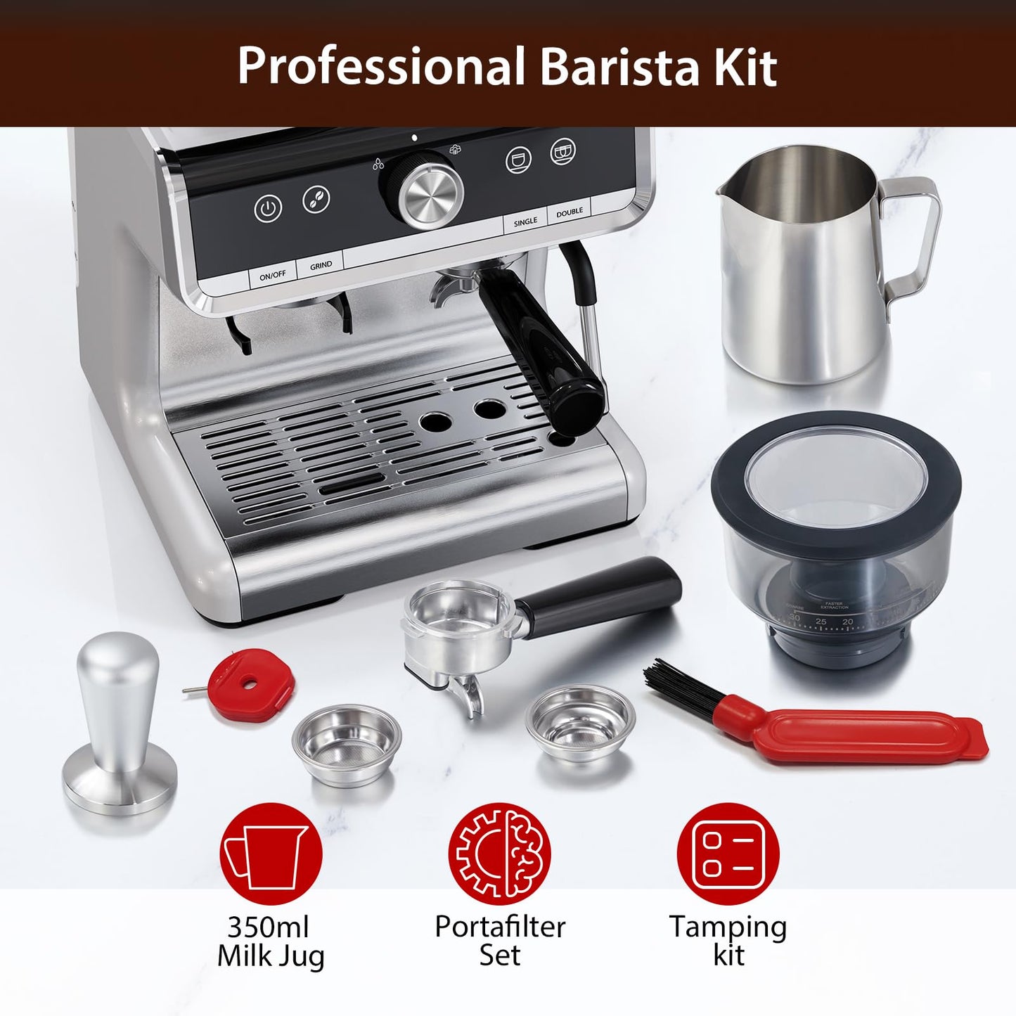 Takywep Máquina de Espresso 20 Bar Prata com Moedor e Vaporizador