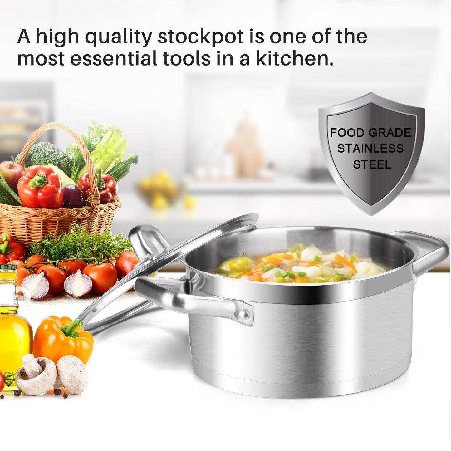 Duxtop Stockpot de Aço Inoxidável 4.2Qt com Tampa de Vidro, Pronto para Indução