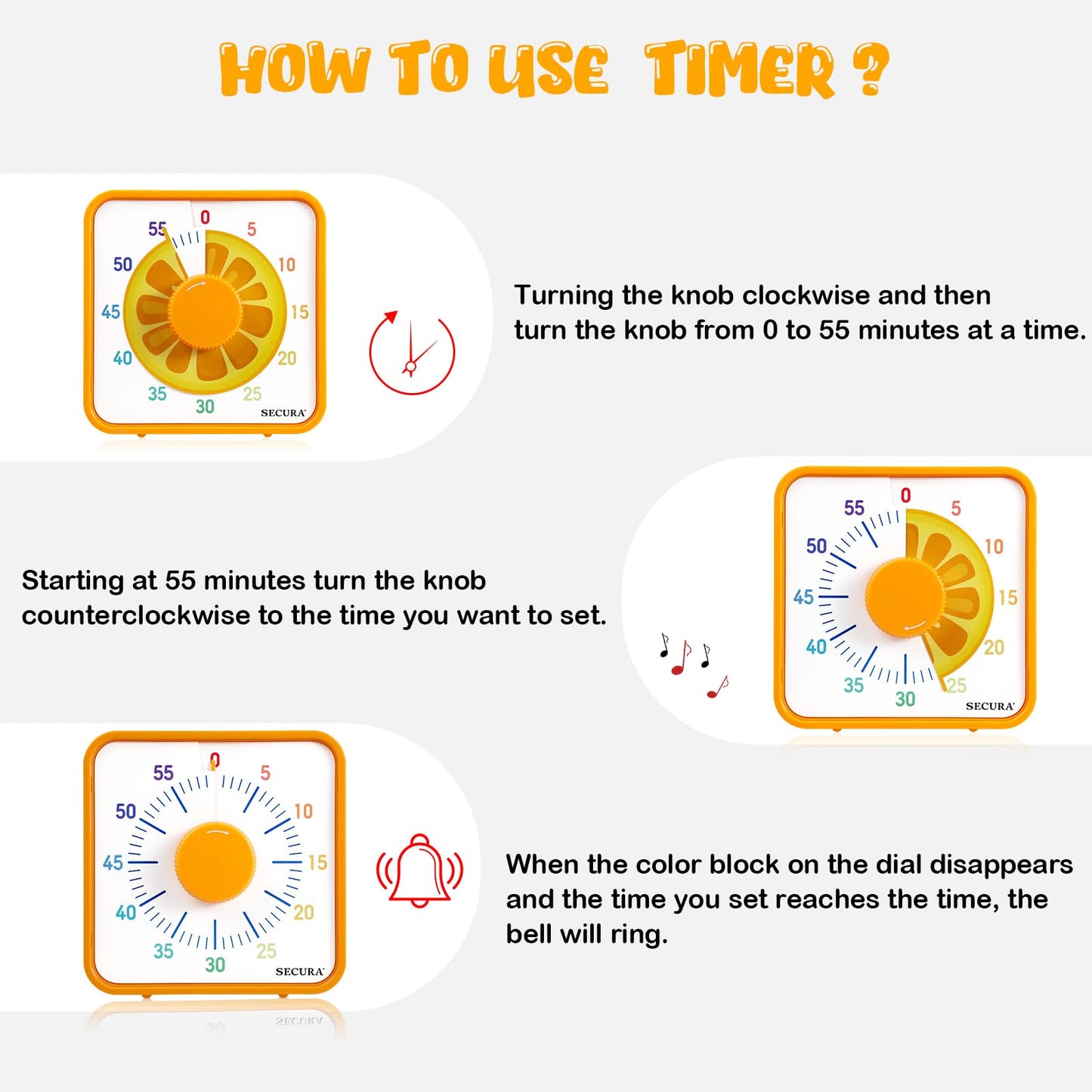 Secura Timer Visual Fruta 7,5'' 60 Minutos com Ímã para Crianças e Cozinha