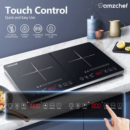 AMZCHEF Induction Cooktop 2 Zonas com 1800W, Touch e Temporizador