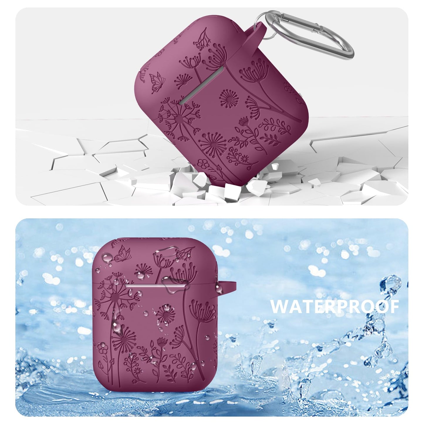 Lerobo Capa Floral Silicone Compatível com AirPods 1ª/2ª Geração (Vermelho Purpúreo)