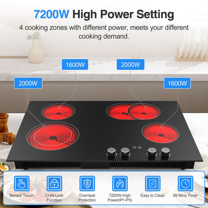 VBGK Cooktop Elétrico 30" 7200W com 4 Queimadores e Controle por Botão