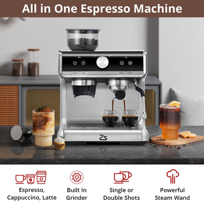 Takywep Máquina de Espresso 20 Bar com Moedor e Espumador Prata