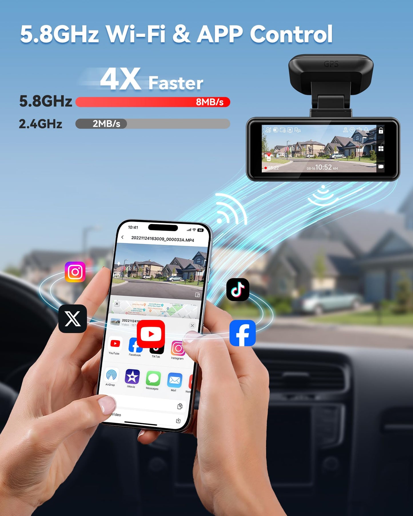 REDTIGER Dash Cam 4K, Wi-Fi 5.8GHz, GPS, Visão Noturna, 32GB