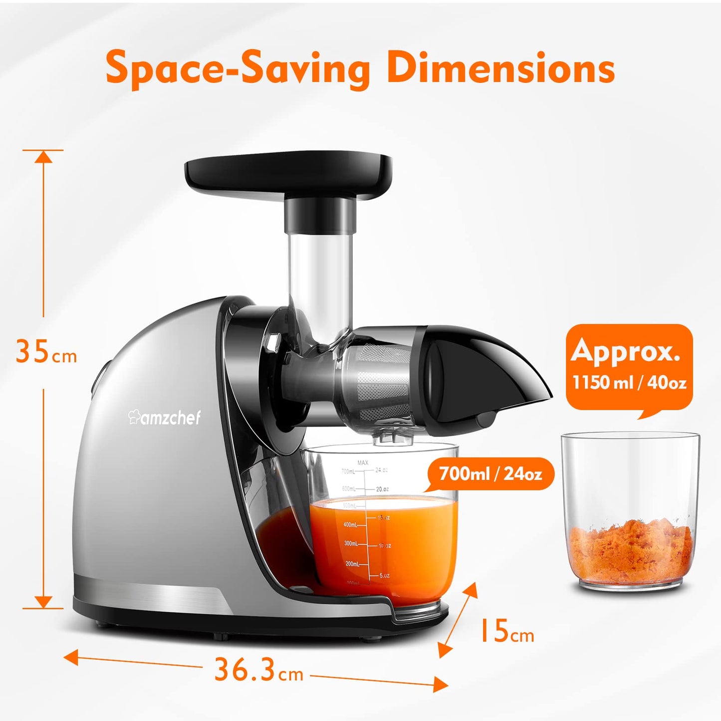 AMZCHEF Juicer Masticating Pressão Fria 150W com Função Reversa (Cinza)