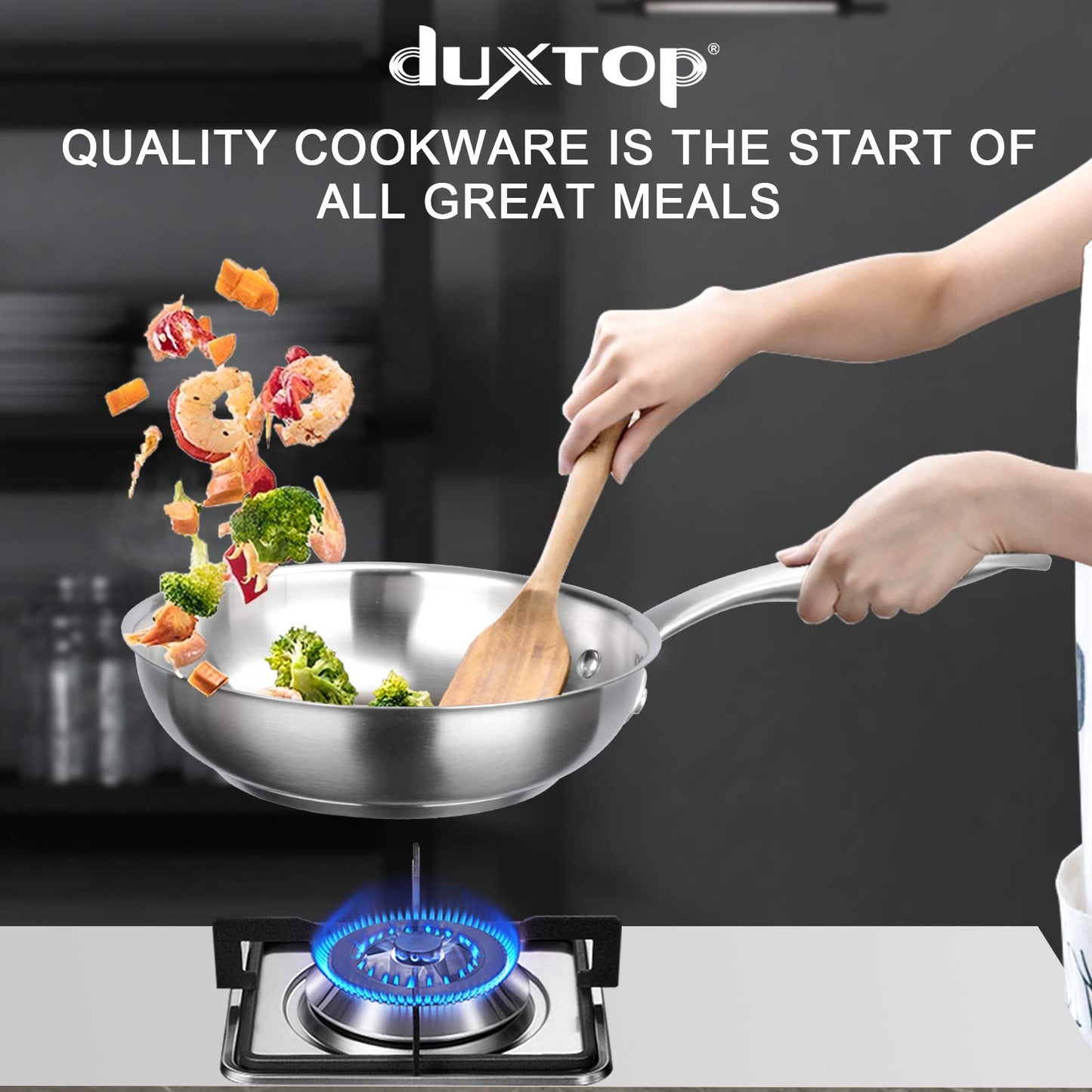 Duxtop Frigideira Tri-Ply Aço Inox 8" com Cabo Frio para Indução (Prata)