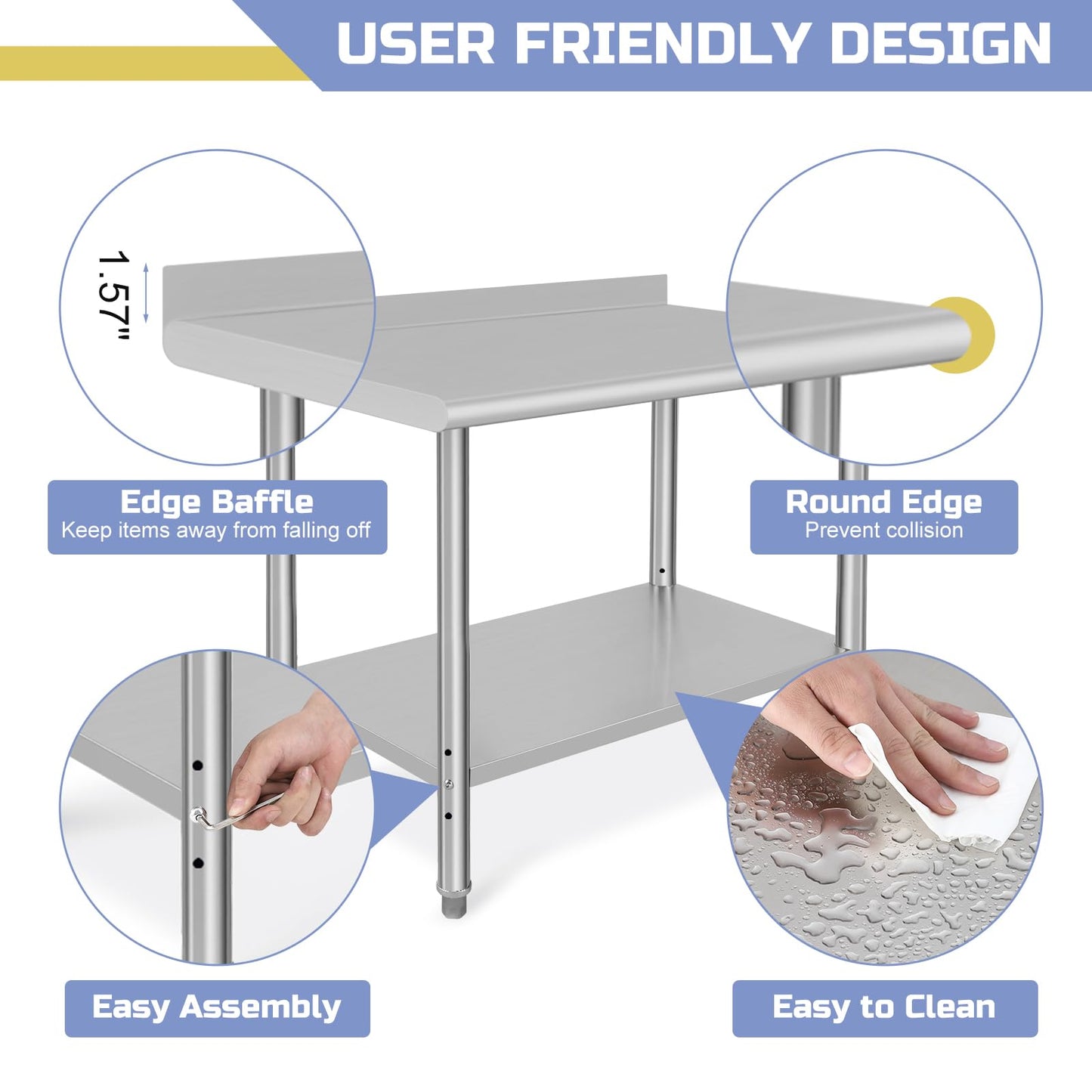 Takywep Mesa de Trabalho Inox 122x61cm com Prateleira Ajustável Prata