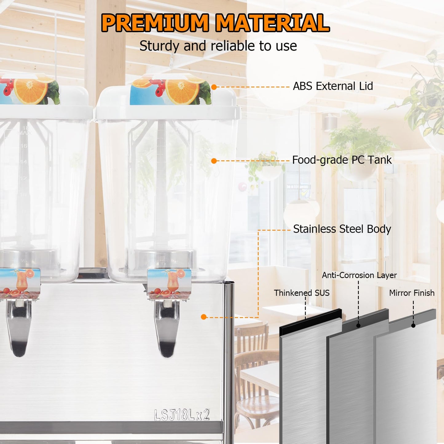 Takywep Dispensador Comercial de Bebidas 36L com 2 Tanques de 18L (Prata)