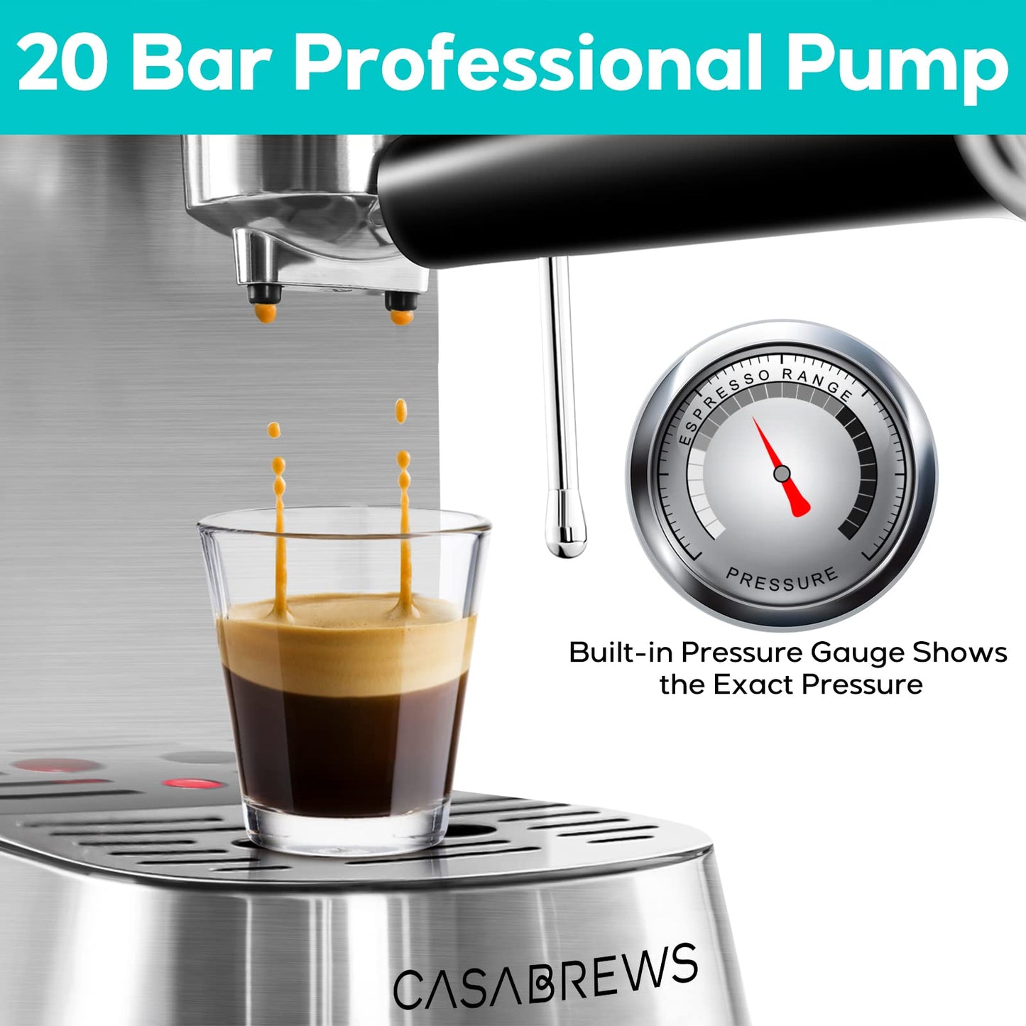 Casabrews Máquina de Espresso 20 Bar com Vaporizador de Leite (Prata)