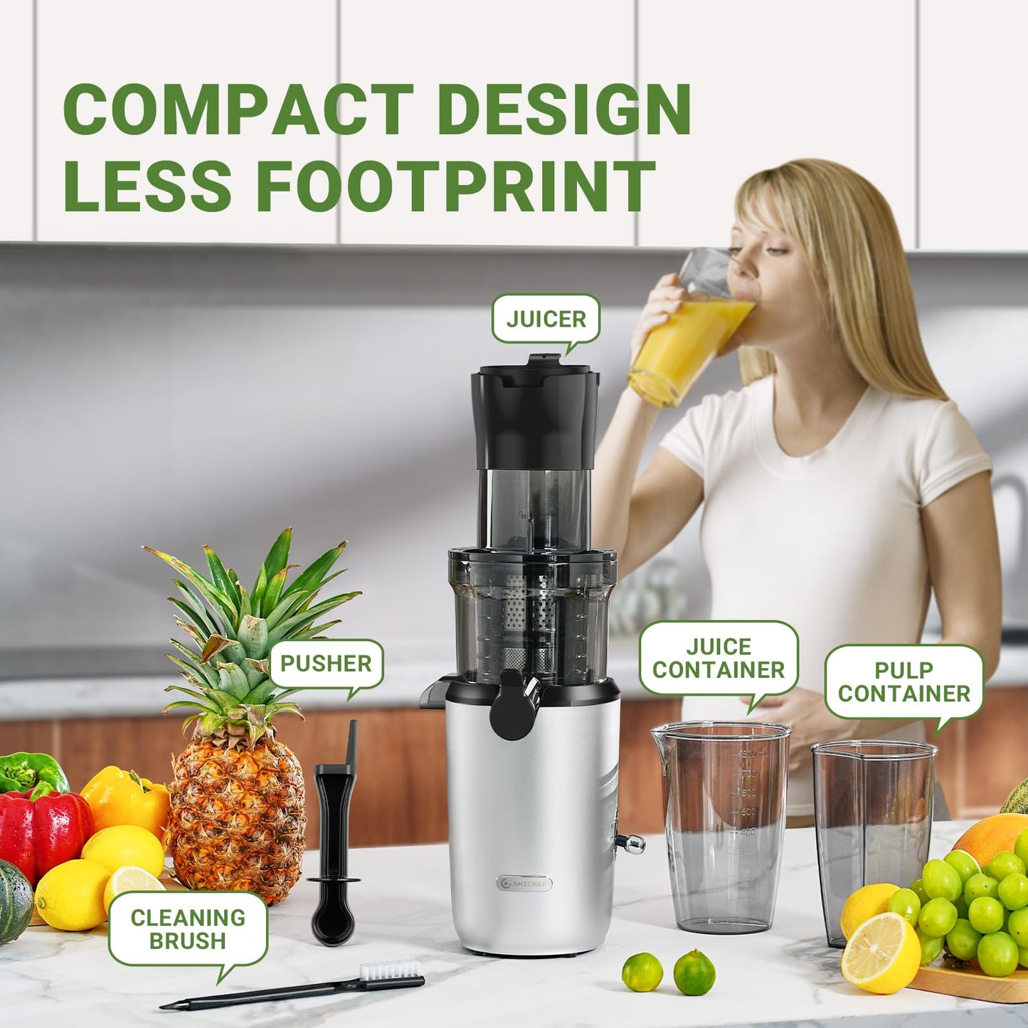 AMZCHEF Slow Juicer 80MM Chute, Alta Eficiência para Frutas e Vegetais (Prata)