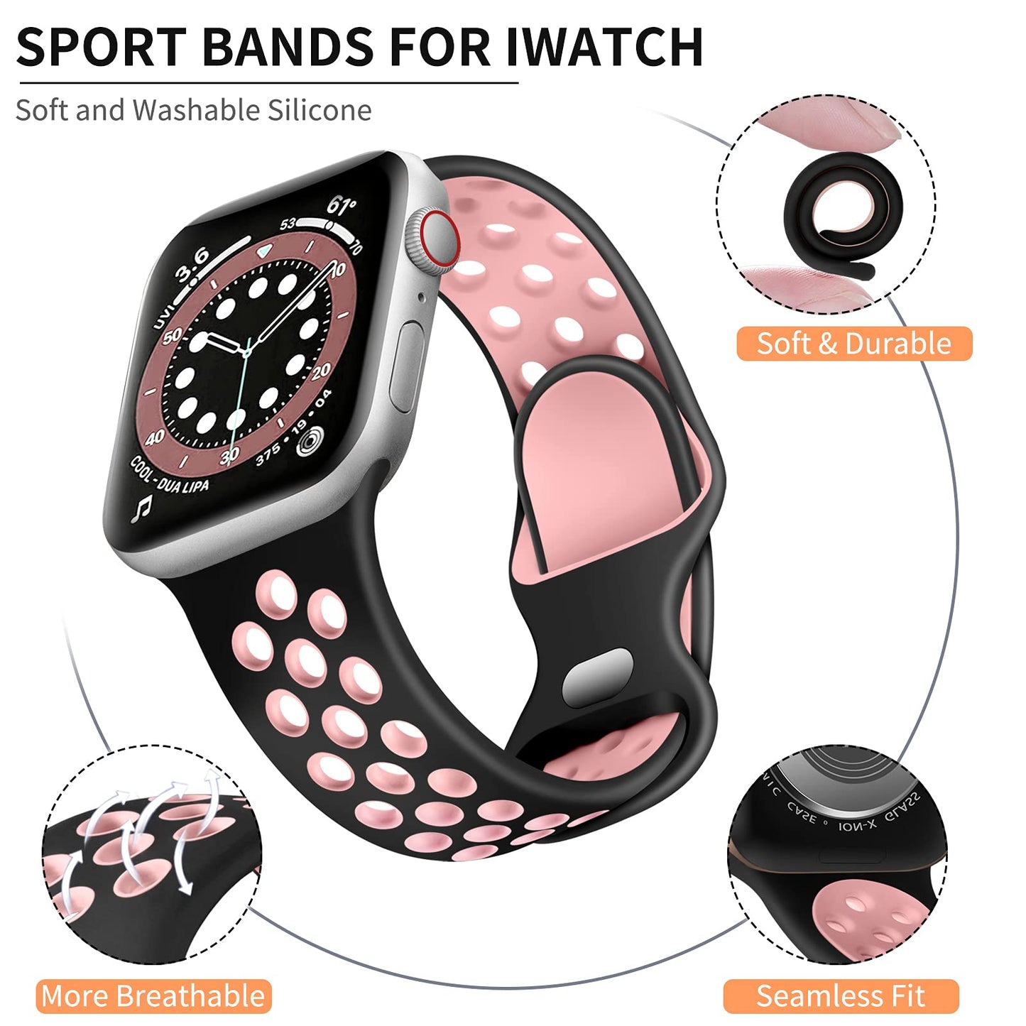 Lerobo Pulseira de Silicone Respirável para Apple Watch (Preto/Rosa)